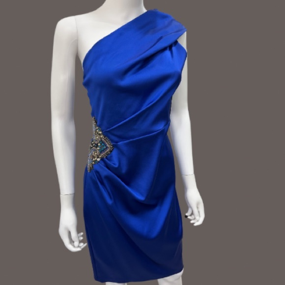 NWT Striking Blue David Meister Blue Beaded Jewel One Shoulder Cocktail Dress - Picture 3 of 10